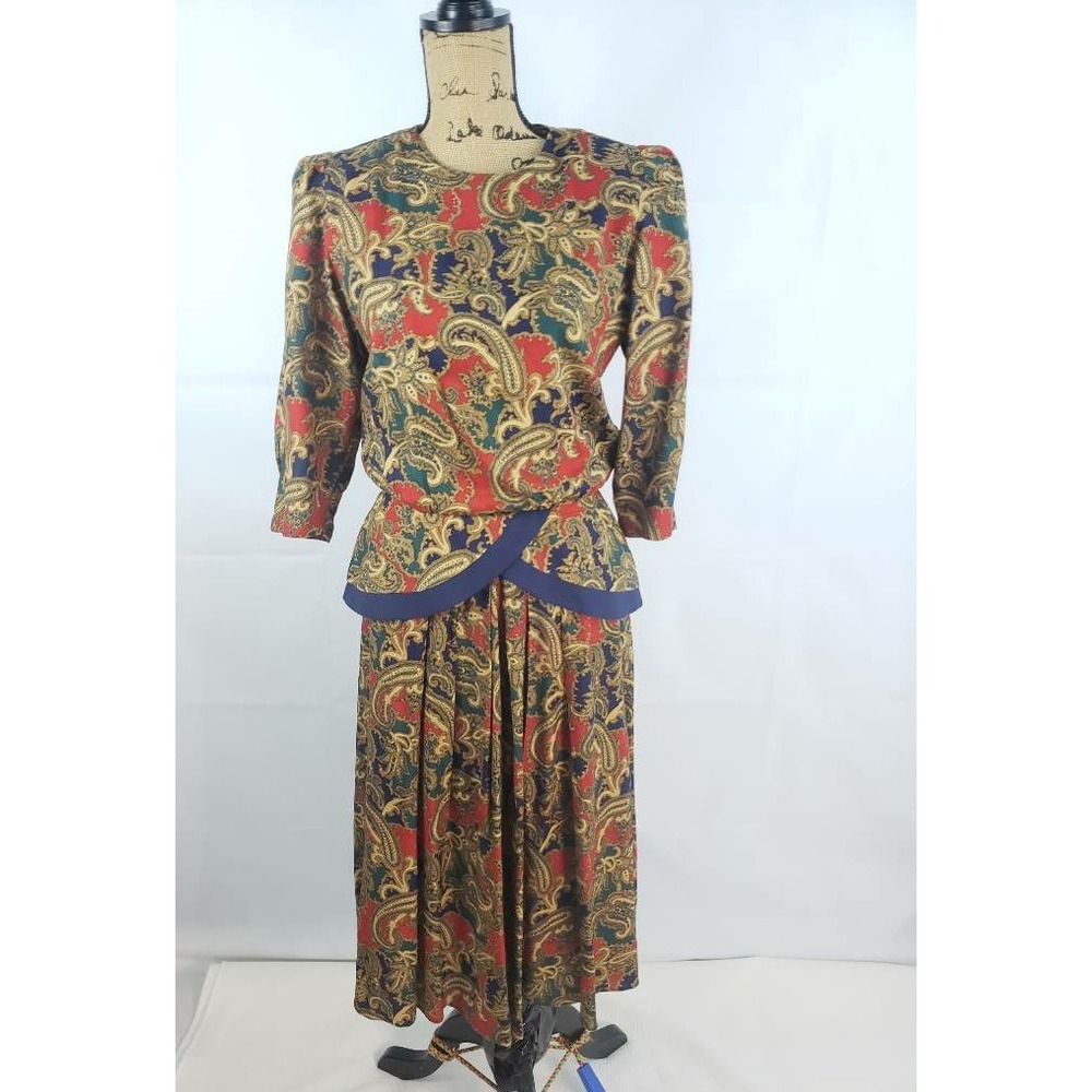 Lisa Petites Womens Peplum Dress Khaki Tan Red Paisley 3/4 Sleeve Vintage 10 U10